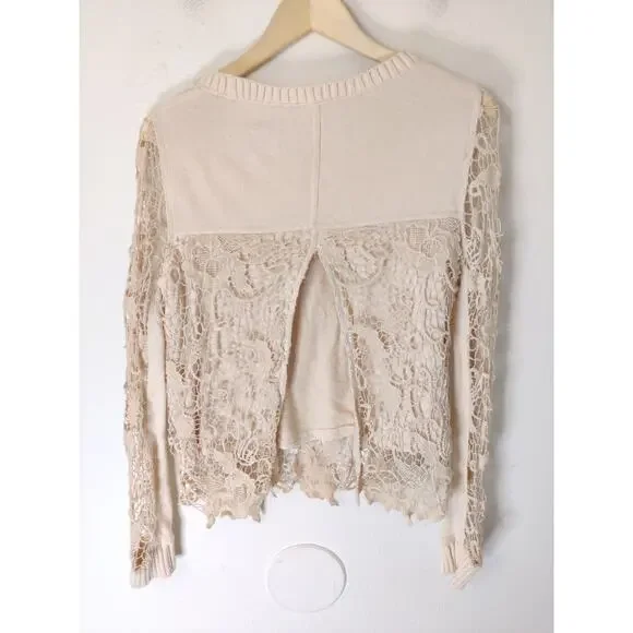 3/$20 Free People Cream Long Sleeve Lace Overlay Round Neck Sweater XS - Picture 5 of 8